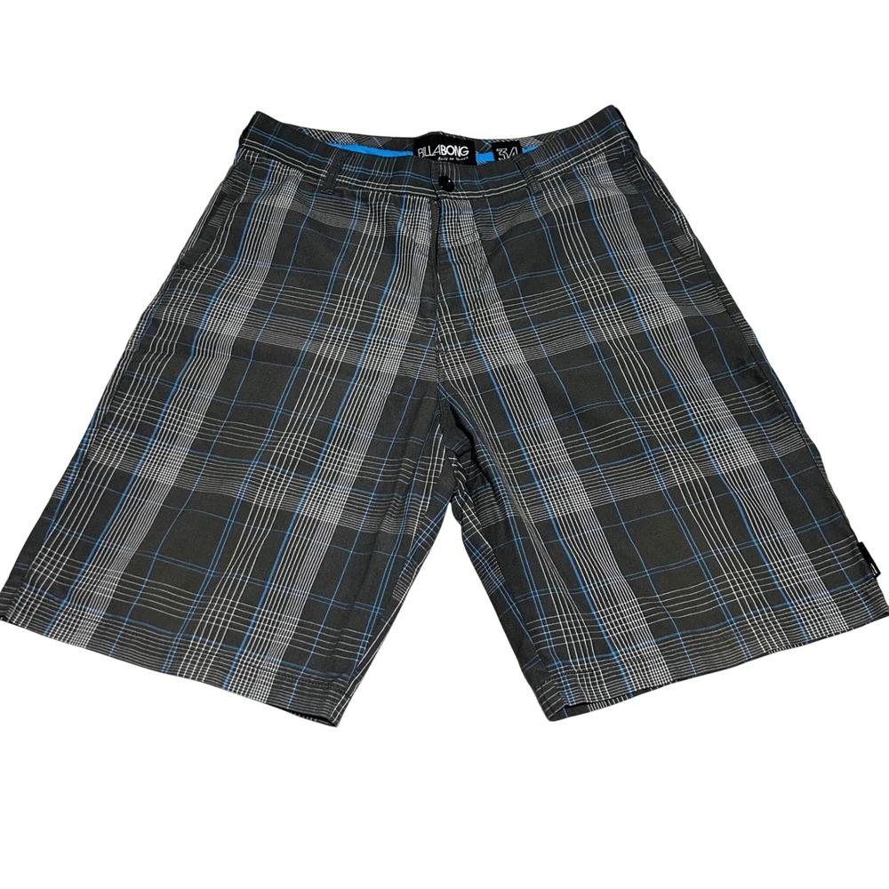 Y2K Billabong Shorts Mens 34 11" Grey Blue Plaid Embroidered Walk Shorts Surf